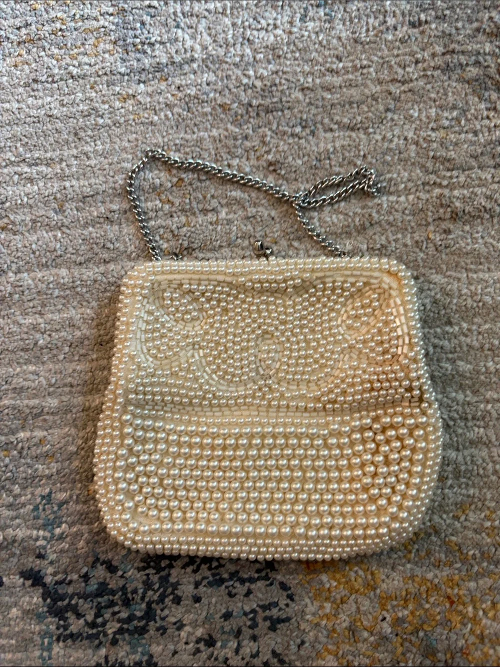 Pearl Beaded Women’s Handbag with Chain Strap - Cream